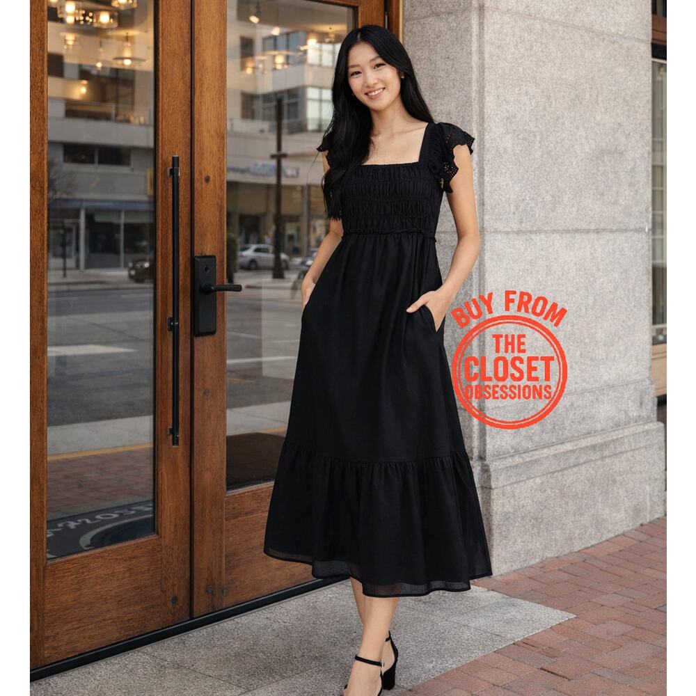 Zara Open Back Black Midi Dress Cotton Romantic NWT